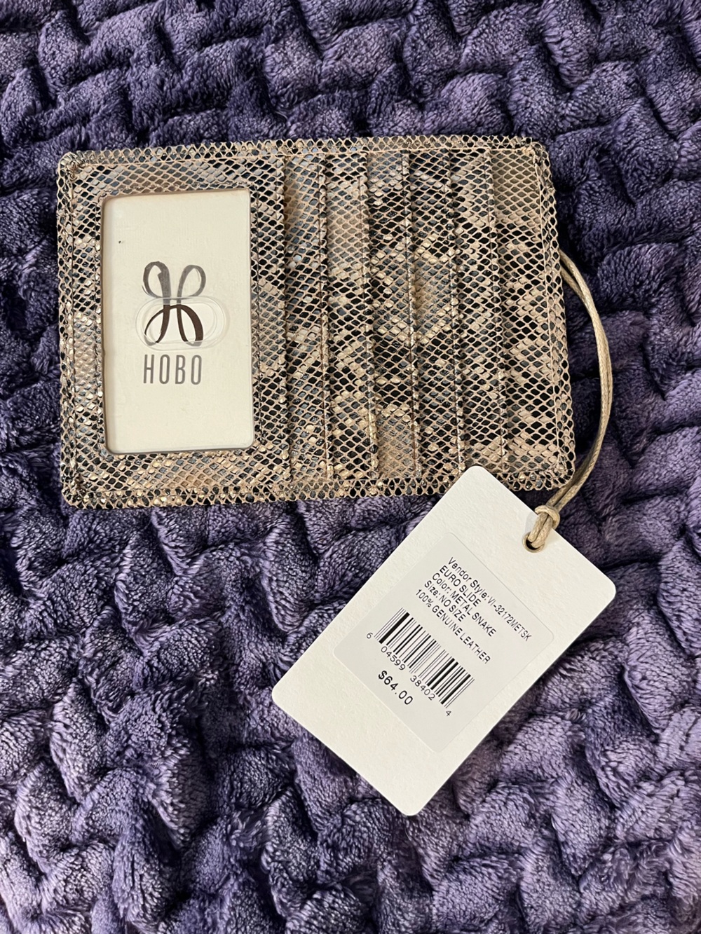 HOBO Metallic Snake-Print Card & ID Holder in Gold-Taupe 100% Genuine Leather